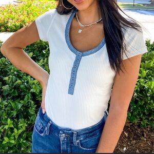 Women's White and Blue Button-Down Bodysuit